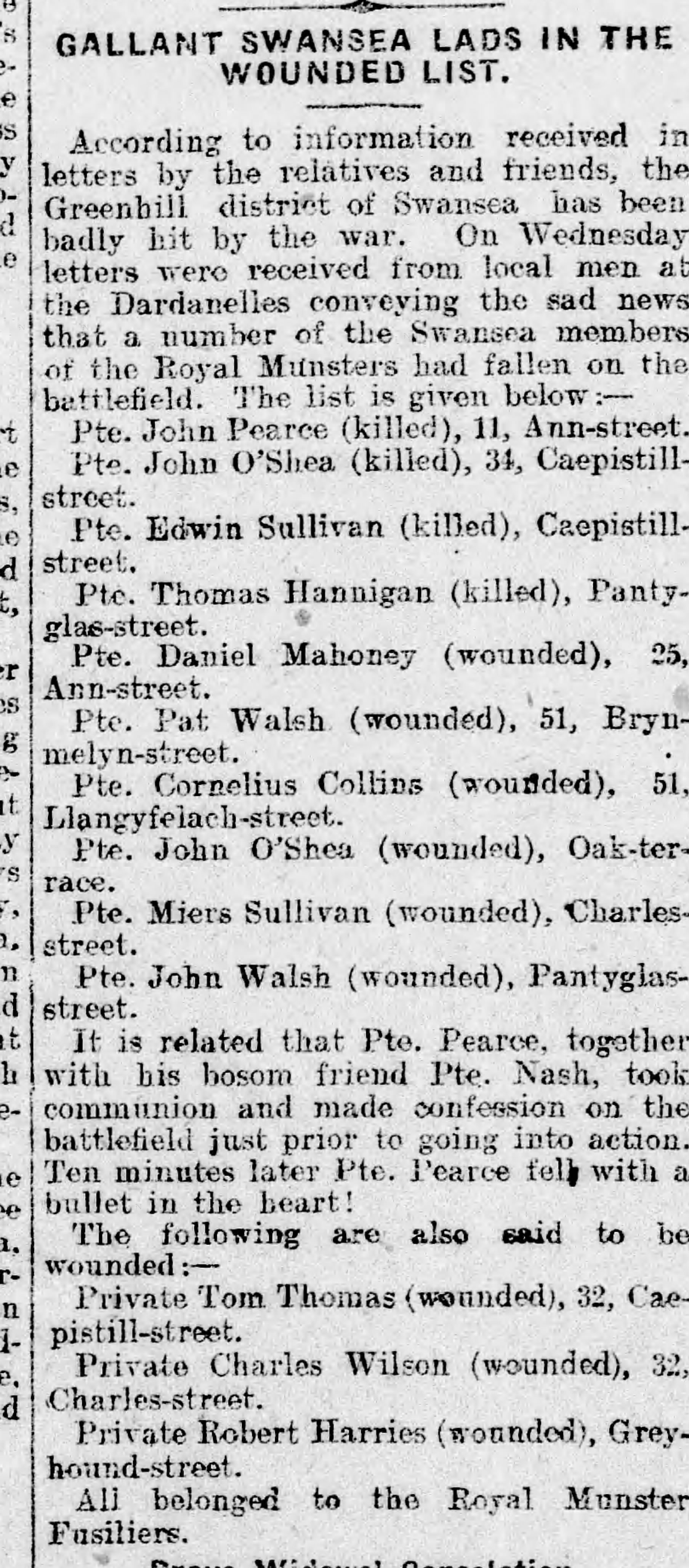 Newspaper report of Cornelius Collins wounded at Gallipoli, 1915